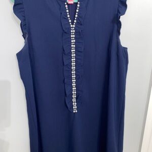 Navy Blue Sleeveless Dress with Pearl Accents